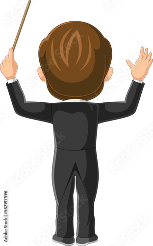 Back view of boy orchestra conductor with pointer stick
