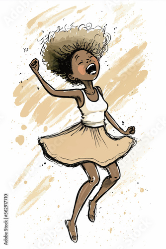 Joyful African woman celebrates a moment of elation, her arms raised in the air and a cheerful smile on her face. A moment of triumph and freedom expressing feminine positivity.