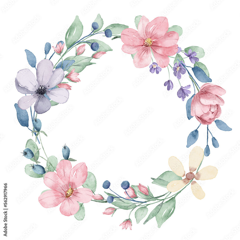 Floral wreath, frame with watercolor flowers. Spring design.