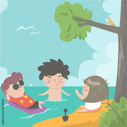 Cute Children Swimming Flat Illustration