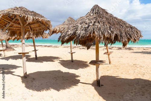 Old wooden umbrellas stand on a sandy beach