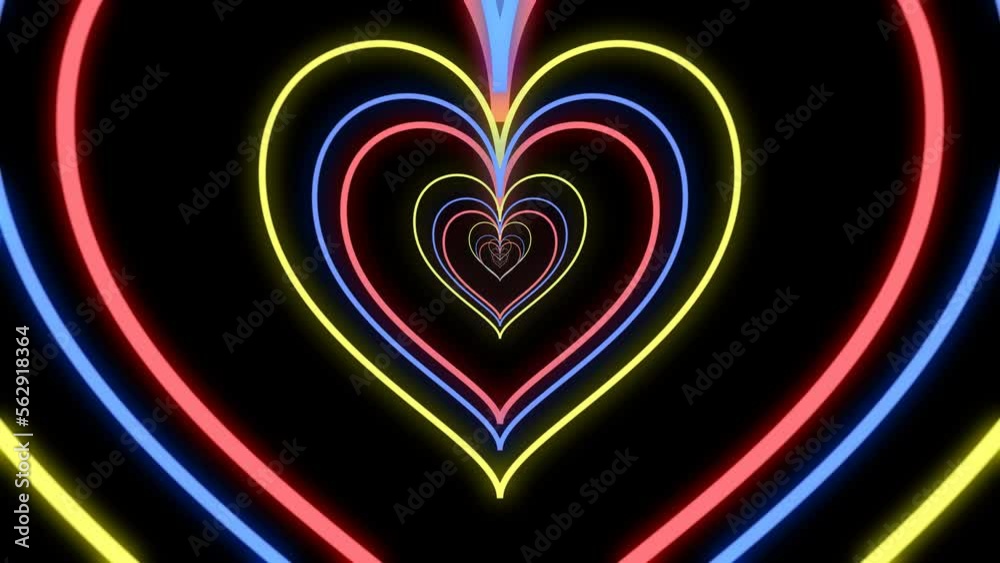 Colorful glowing neon-like heart tunnel background for Valentine's Day, Mother's Day, and Romantic motion graphic background in 4K resolution. Infinite Heart Tunnel. 4K seamless looping bg.
