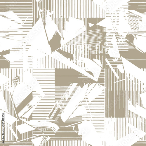 beige  paint brush strokes vector seamless pattern. Hand drawn triangles and wavy lines with grunge lines . Chaotic ink  scribbles decorative texture. Messy doodles, bold plaid lines illustration.

