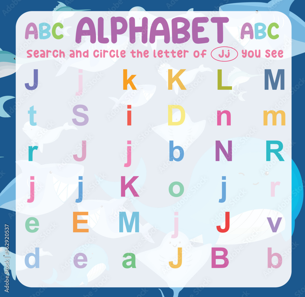 Search and circle the uppercase and lowercase letter Jj on the worksheet. Exercise for children to recognize the alphabet. Educational sheet for preschool. Vector file. Search and circle the uppercase and lowercase letter Jj on the worksheet. Exercise for children to recognize the alphabet. Educational sheet for preschool. Vector file.
