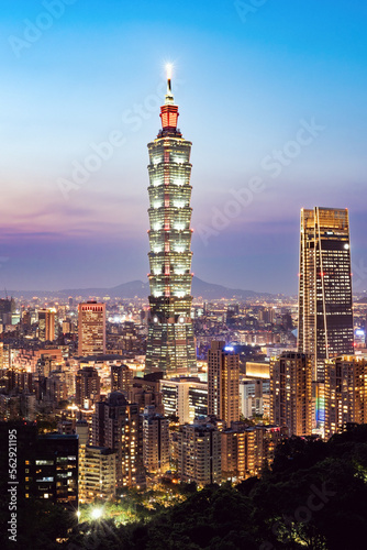 View from above  stunning aerial view of the Taipei City skyline illuminated at sunset. Panoramic view from the Mount Elephant in Taipei  Taiwan.