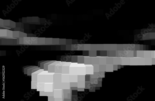 3d cube shape and abstract pattern in white and grey color blends. on horizontal black background. space for text