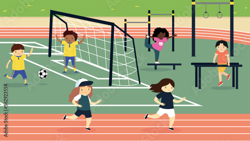 Children on the sports ground at school - vector clipart