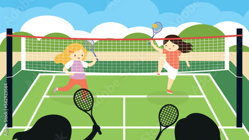 Girls playing tennis two on two - vector clipart