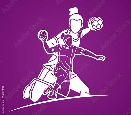 Handball Sport Female Players Mix Action Cartoon Graphic Vector