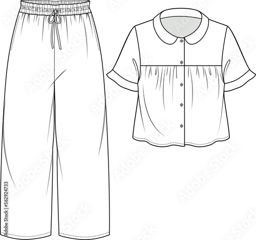 GIRLS AND WOMEN NIGHT WEAR PAJAMA SET TOP AND JOGGER FASHION FLAT DESIGN VECTOR