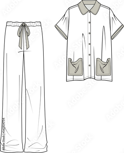 GIRLS AND WOMEN NIGHT WEAR PAJAMA SET TOP AND JOGGER FASHION FLAT DESIGN VECTOR