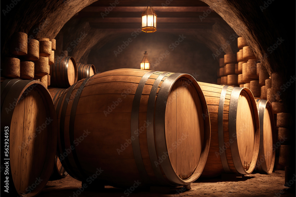 wine cellar with barrels, generative ai