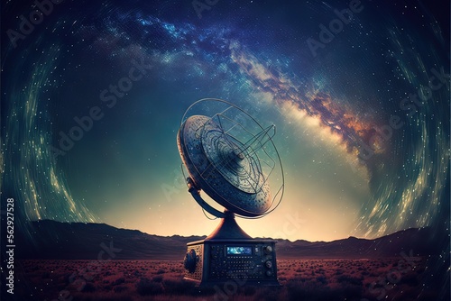 Fantasy night landscape. Milky way, nebulae. Radio telescope for cosmic research and starry night on background. AI