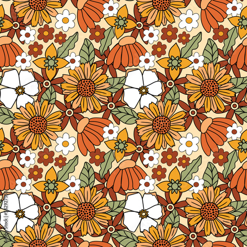 70s retro floral seamless pattern background. Large scale flower pattern perfect for home decor, wrapping paper, fabric, scrapbooking and wallpaper design.