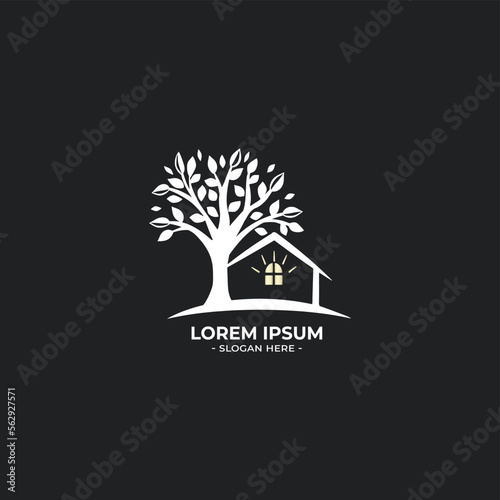 house and tree logo on black background