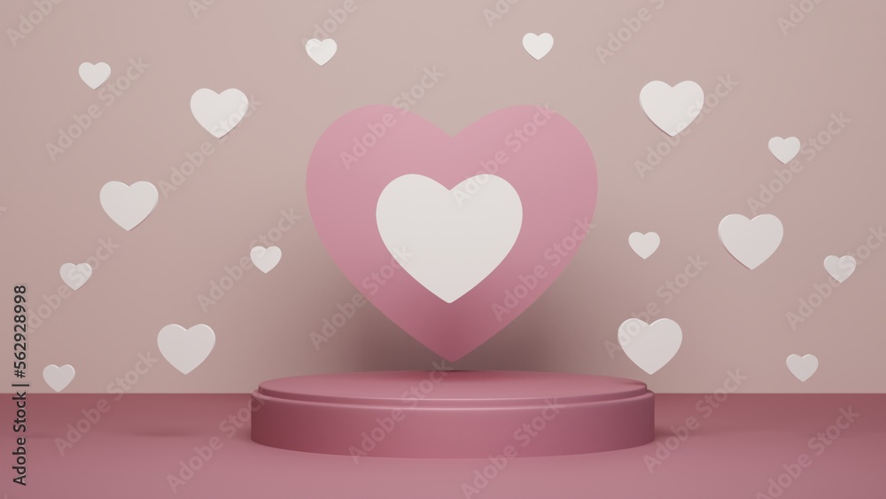 Pink podium with background for product presentation, copy space. 3d rendering. Valentine concept.