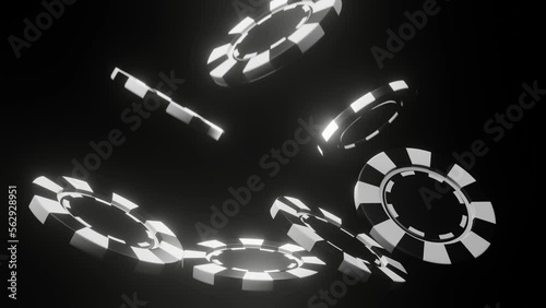 Animation 3d rendering of black poker chips falling. Casino background dice.
