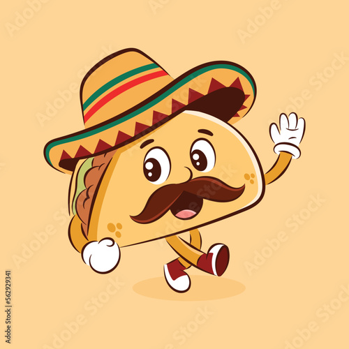 Cute Mexican taco cartoon character with hat vector food illustration photo