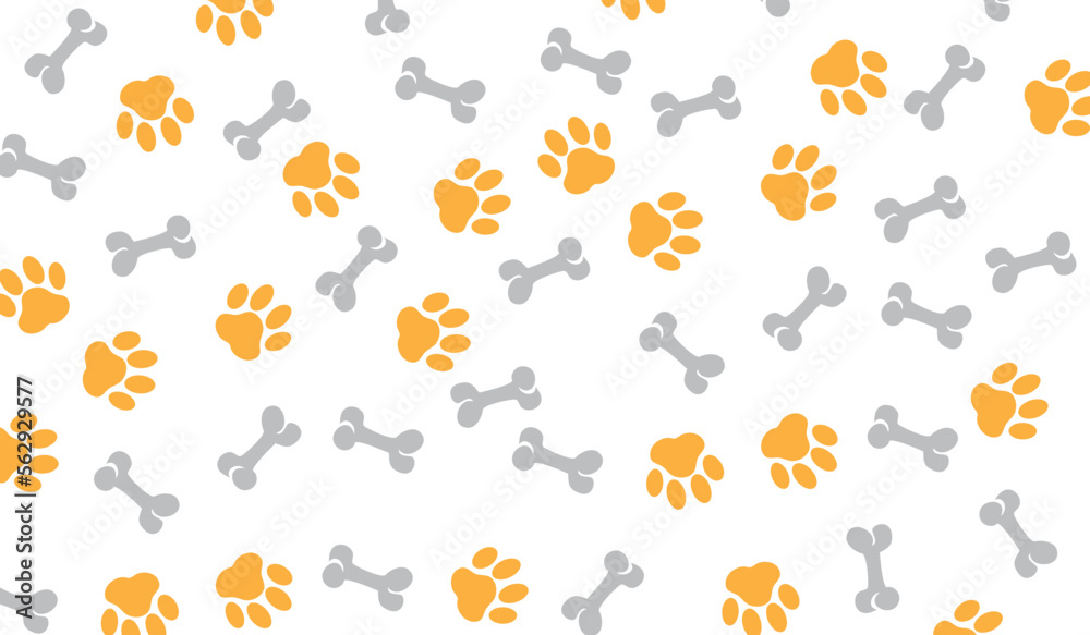 Many prints of dog paws and bones on white background. Pattern for design