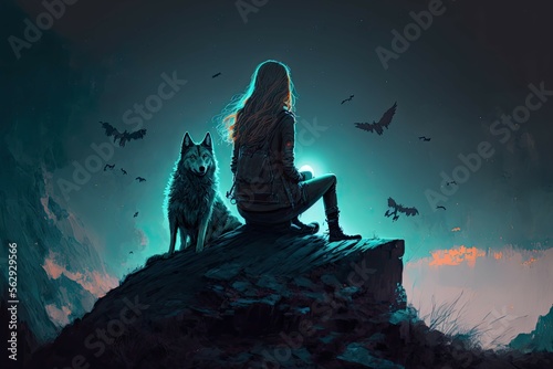 a woman sitting on a mountain with her wolf and watching the night sky  character design  ai art  concept art