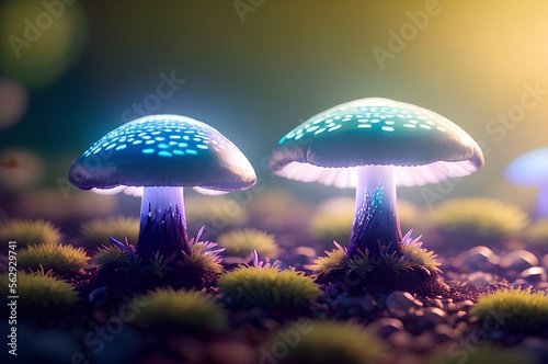 mushrooms in the forest with neon light