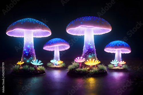 close up of bioluminescent mushrooms with neon light
