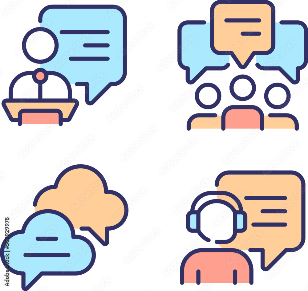 Speech bubbles in different spheres pixel perfect RGB color icons set. Public communication ways. Isolated vector illustrations. Simple filled line drawings collection. Editable stroke Speech bubbles in different spheres pixel perfect RGB color icons set. Public communication ways. Isolated vector illustrations. Simple filled line drawings collection. Editable stroke