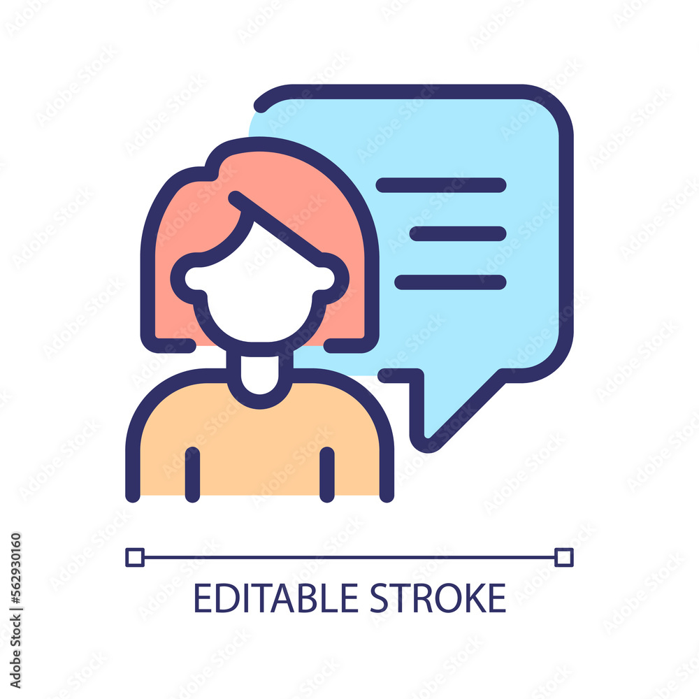 Talking woman with speech bubble pixel perfect RGB color icon. Female person thinking. Communication visual symbol. Isolated vector illustration. Simple filled line drawing. Editable stroke