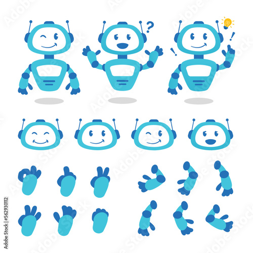 Cute simple robot cartoon character vector illustration set animation Robot elements futuristic cybernetic objects