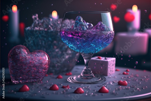 Valentine's day celebration in ice glass objects magic objects champagne, roses, heart shaped glass, candles, Generative AI