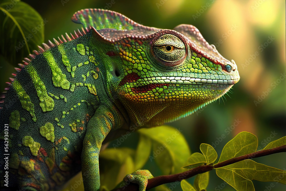 Obraz premium Chameleon lizard on a branch, generative ai