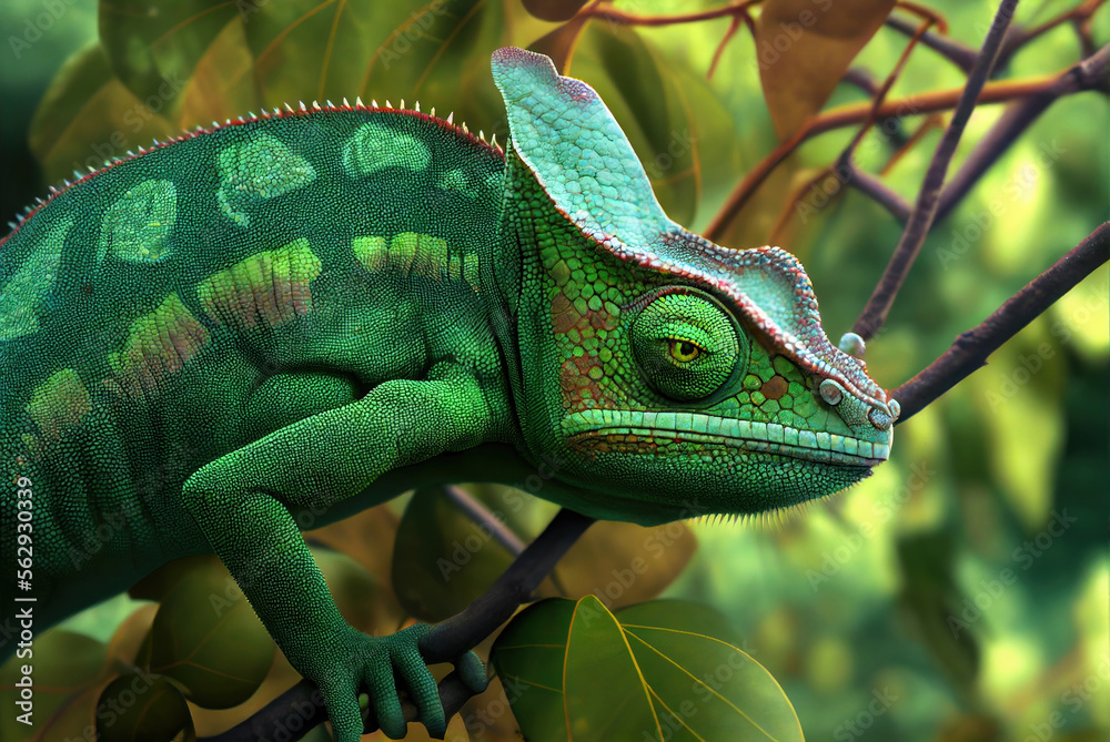 Fototapeta premium Chameleon lizard on a branch, generative ai