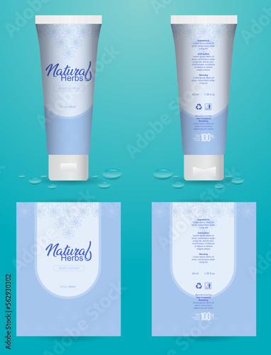 Bottles with sample labels for cosmetics or health care product