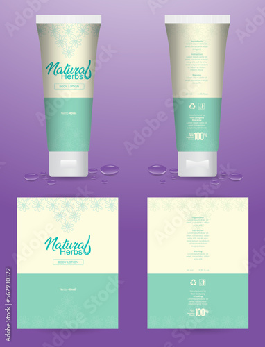 Bottles with sample labels for cosmetics or health care product