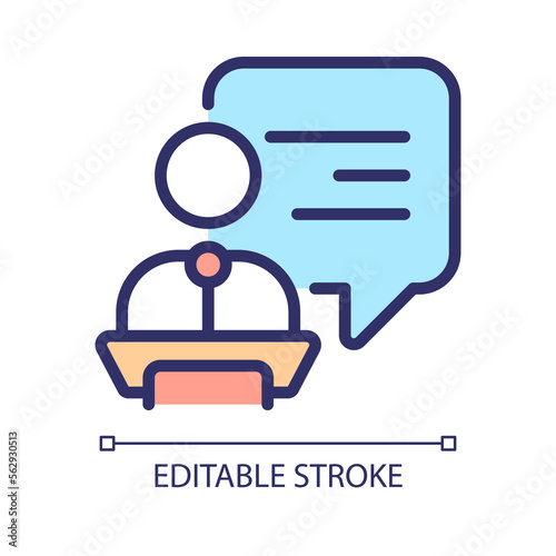 Public performance pixel perfect RGB color icon. Person with speech bubble at podium. Speaking to audience. Isolated vector illustration. Simple filled line drawing. Editable stroke