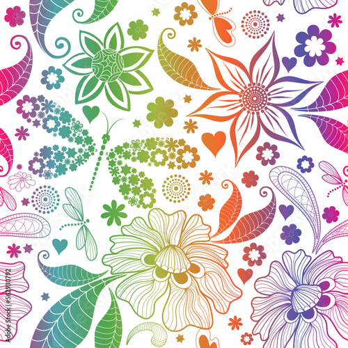 Vector colorful seamless gradient pattern with vintage flowers and butterflies