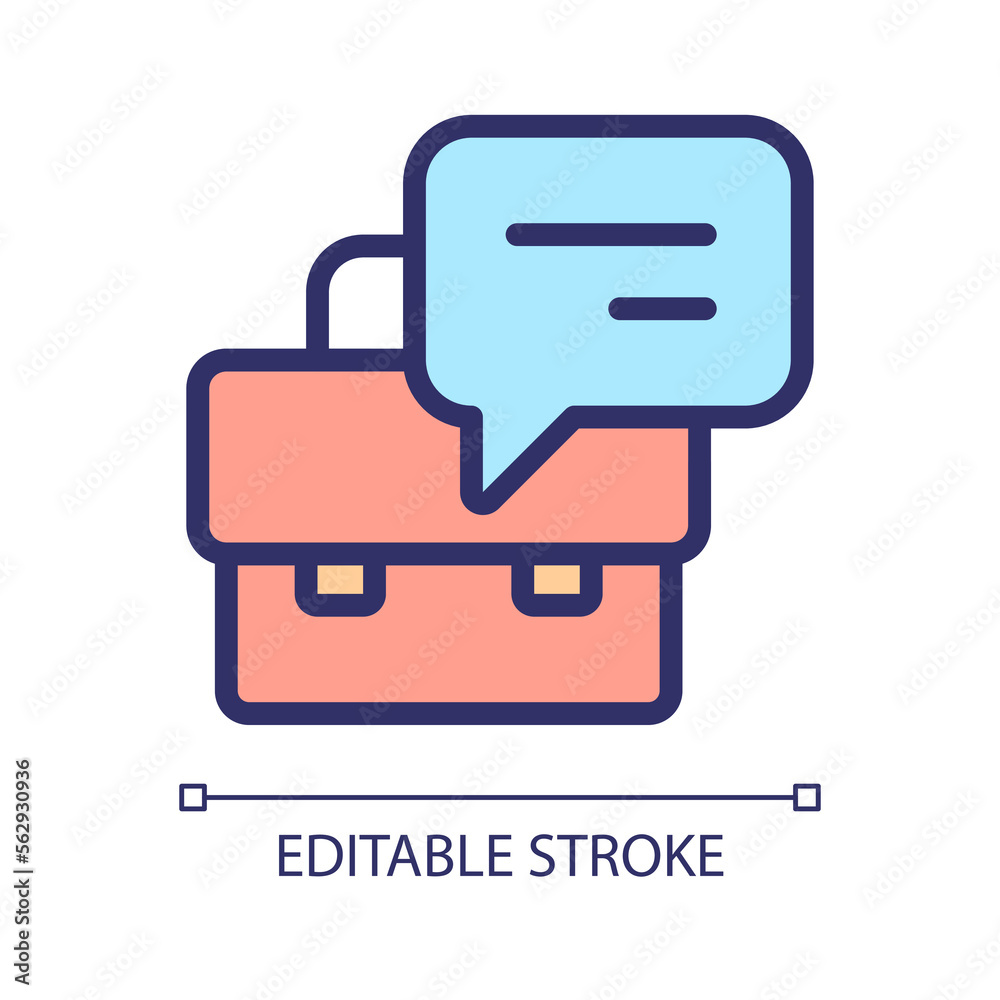 Briefcase with speech bubble pixel perfect RGB color icon. Commercial offer presentation. Corporate communication. Isolated vector illustration. Simple filled line drawing. Editable stroke Briefcase with speech bubble pixel perfect RGB color icon. Commercial offer presentation. Corporate communication. Isolated vector illustration. Simple filled line drawing. Editable stroke
