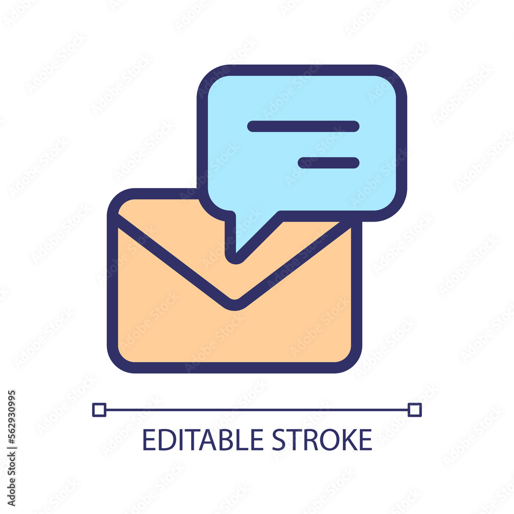 Speech bubble with envelope pixel perfect RGB color icon. Email notification. Receive new letter. Online communication. Isolated vector illustration. Simple filled line drawing. Editable stroke Speech bubble with envelope pixel perfect RGB color icon. Email notification. Receive new letter. Online communication. Isolated vector illustration. Simple filled line drawing. Editable stroke