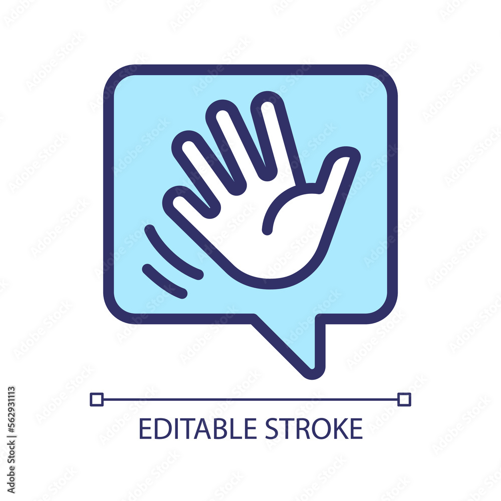 Saying hello pixel perfect RGB color icon. Greeting chat bubble with waving hand. Communication on social media. Isolated vector illustration. Simple filled line drawing. Editable stroke Saying hello pixel perfect RGB color icon. Greeting chat bubble with waving hand. Communication on social media. Isolated vector illustration. Simple filled line drawing. Editable stroke