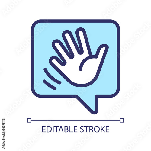 Saying hello pixel perfect RGB color icon. Greeting chat bubble with waving hand. Communication on social media. Isolated vector illustration. Simple filled line drawing. Editable stroke © bsd studio