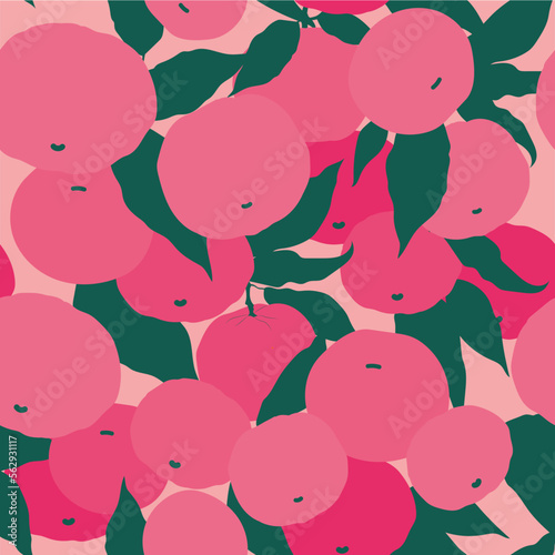 Orange tangerines with green branches and green leaves. Vector seamless pattern.