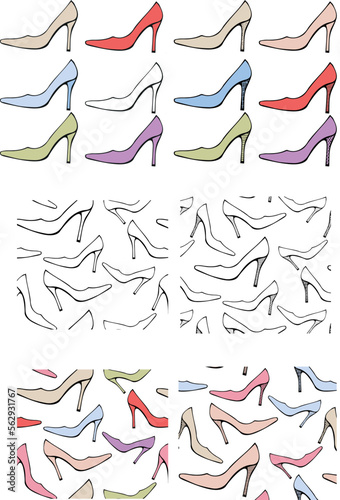 High heel shoes hand-drawn in vector, and ink drawing. Seamless pattern fill. 
