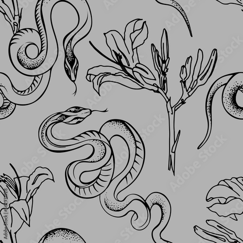 Seamless pattern of snakes and flowers. Tattoo art, coloring books. Hand-drawn vintage vector seamless pattern.