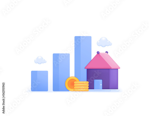 symbol of house, coin, cloud, bar chart. concept of property investment, rising house prices, estimation of property business profits. 3d and realistic concept design. graphic elements