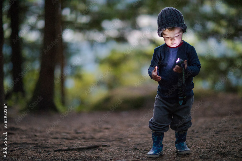 Boy holding and using headlamp in forest at evening, Harrison Hot Springs, British Columbia, Canada Boy holding and using headlamp in forest at evening, Harrison Hot Springs, British Columbia, Canada