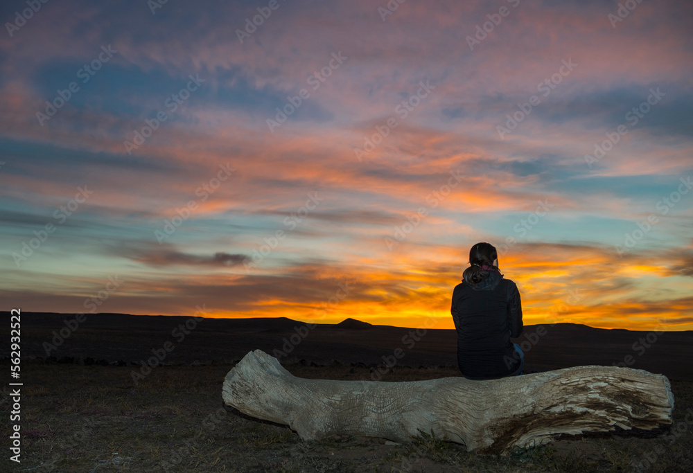 Woman enjoying sunset in Gobi Desert, Khongor, Mongolia Woman enjoying sunset in Gobi Desert, Khongor, Mongolia