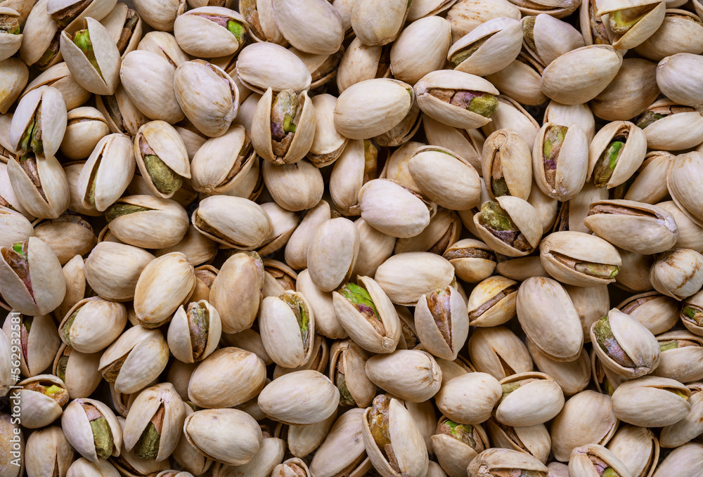 High angle wiev of pistachios background, texture with copy space