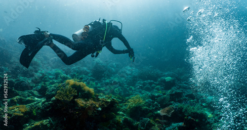 Scuba diver exploring coral reef close to Komodo Island in Indonesia