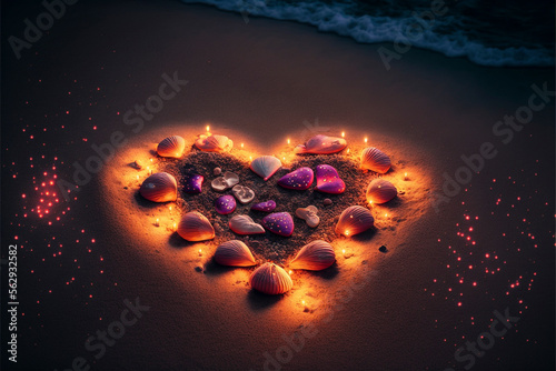 Sea Shells Valentine heart, Generative AI photo