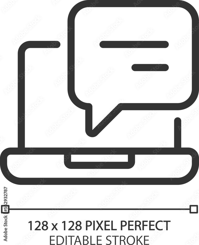 Laptop with speech bubble pixel perfect linear icon. Message notification on notebook computer. Online communication. Thin line illustration. Contour symbol. Vector outline drawing. Editable stroke Laptop with speech bubble pixel perfect linear icon. Message notification on notebook computer. Online communication. Thin line illustration. Contour symbol. Vector outline drawing. Editable stroke